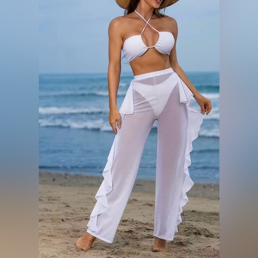 3pc White Crisscross Top Bikini Set with Sheer Mesh Ruffle Cover-Up Pants - Picture 7 of 12